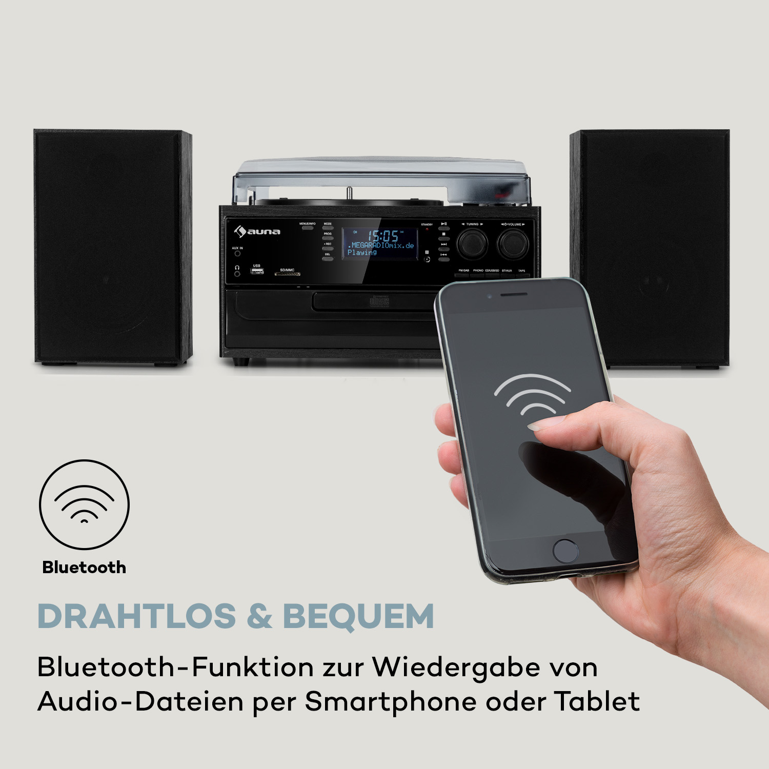 Schwarzes Audiosystem mit Lautsprechern und Telefon mit Bluetooth-Symbol. Text: 'DRAHTLOS & BEQUEM'.