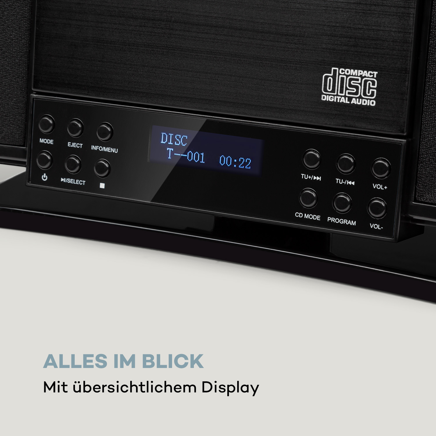 Schwarze Stereoanlage mit Display, das Zeit und Titelinformationen anzeigt, mit Text: Alles im Blick.