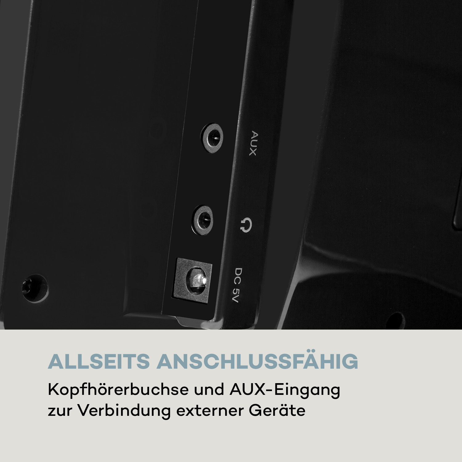 Nahaufnahme der Rückseite eines schwarzen Geräts mit AUX, Stromanschluss und Text: 'ALLSEITS ANSCHLUSSFÄHIG'.