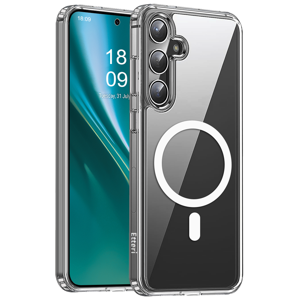 Przezroczyste etui na telefon z telefonem w środku. Białe tło.