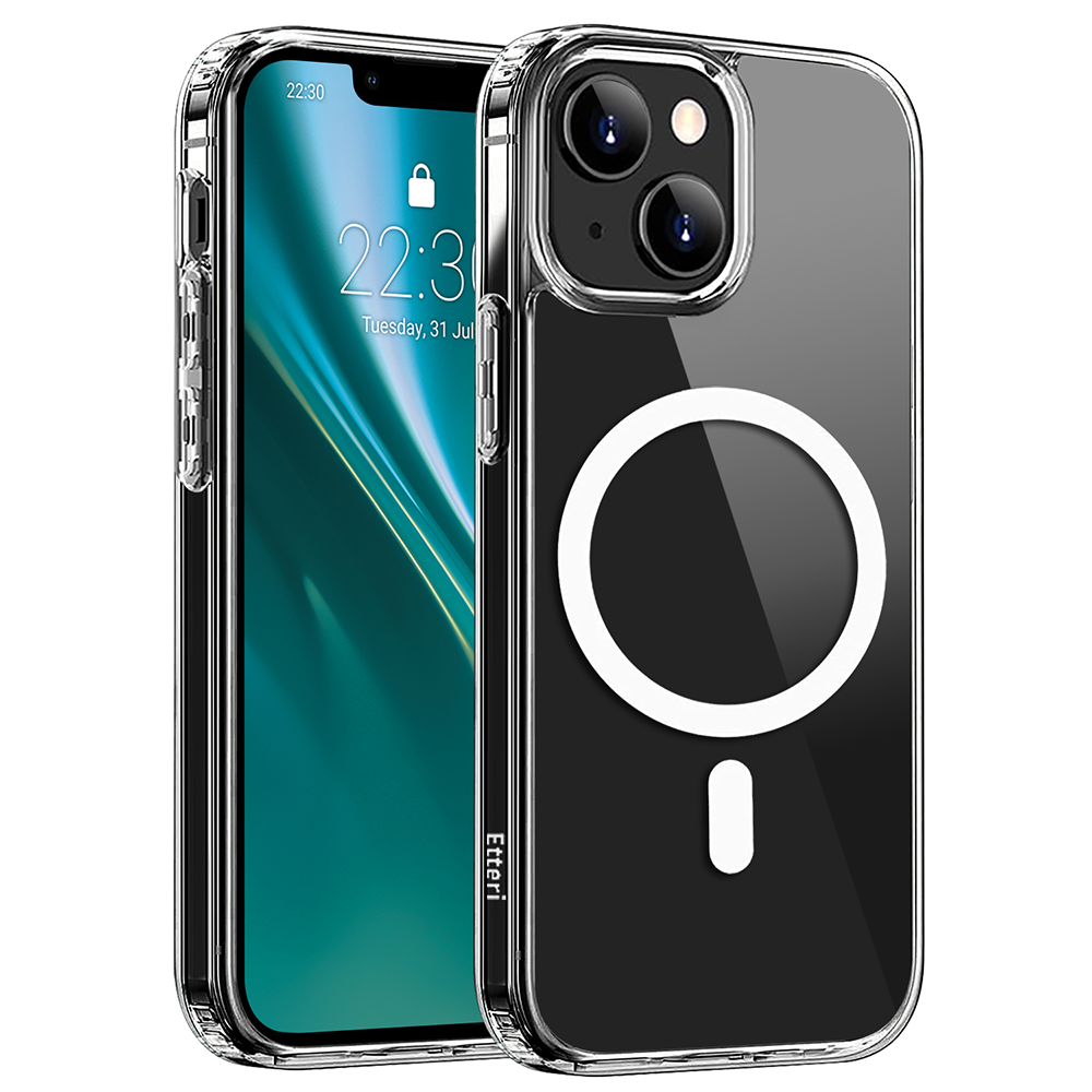 Przezroczyste etui chroniące iPhone'a z białą, okrągłą funkcją MagSafe z tyłu.