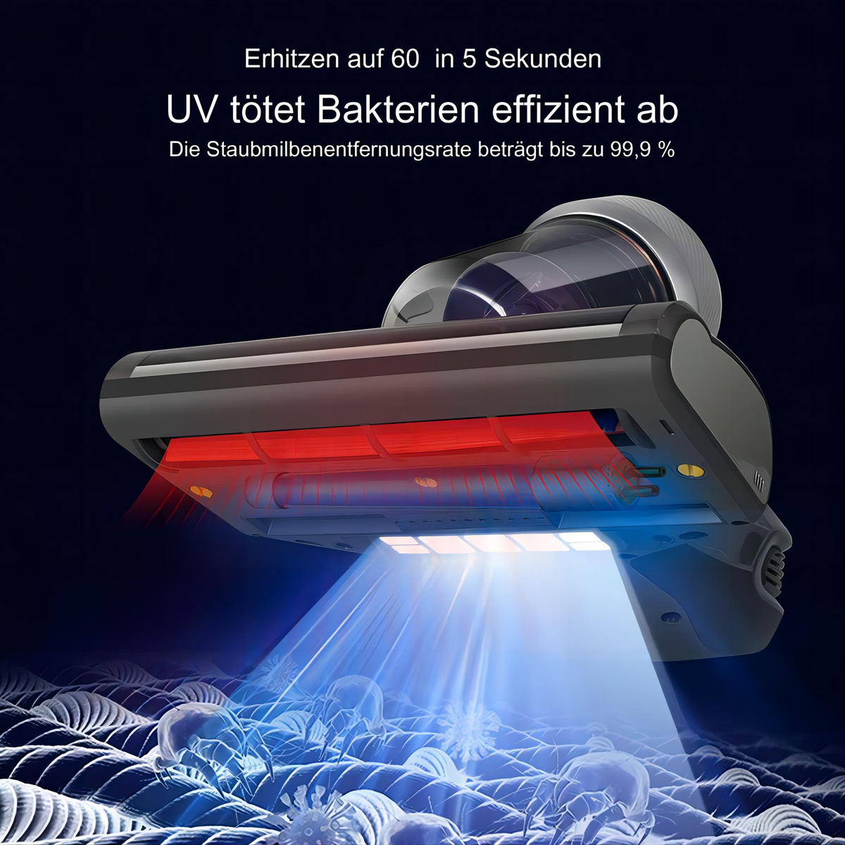 Un dispositivo de limpieza con haces de luz y luz roja en la parte inferior. Texto: UV mata bacterias eficientemente.