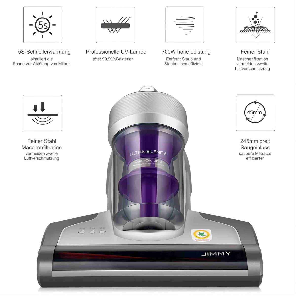 Aspiradora con iconos. Cuerpo blanco y morado, múltiples iconos que muestran características.