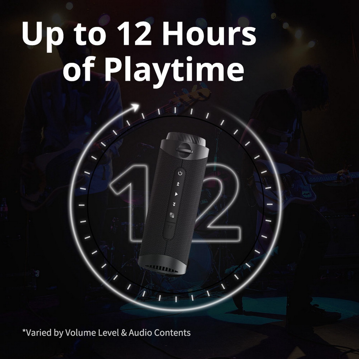 Czarny głośnik z grafiką 12-godzinnego odtwarzania i muzykami na scenie w tle.