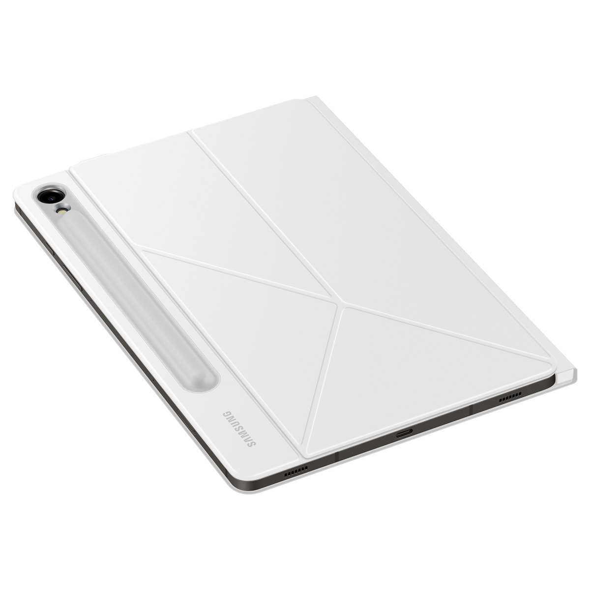 Biały tablet z białą osłoną i piórem, na białym tle.