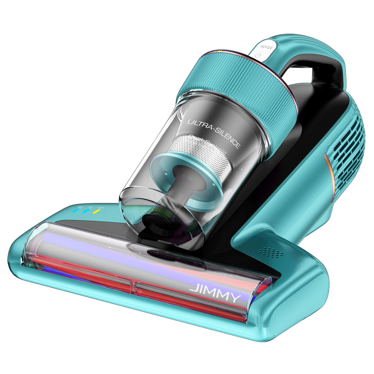 Ein teal Handstaubsauger mit transparentem Staubbehälter und Griff.