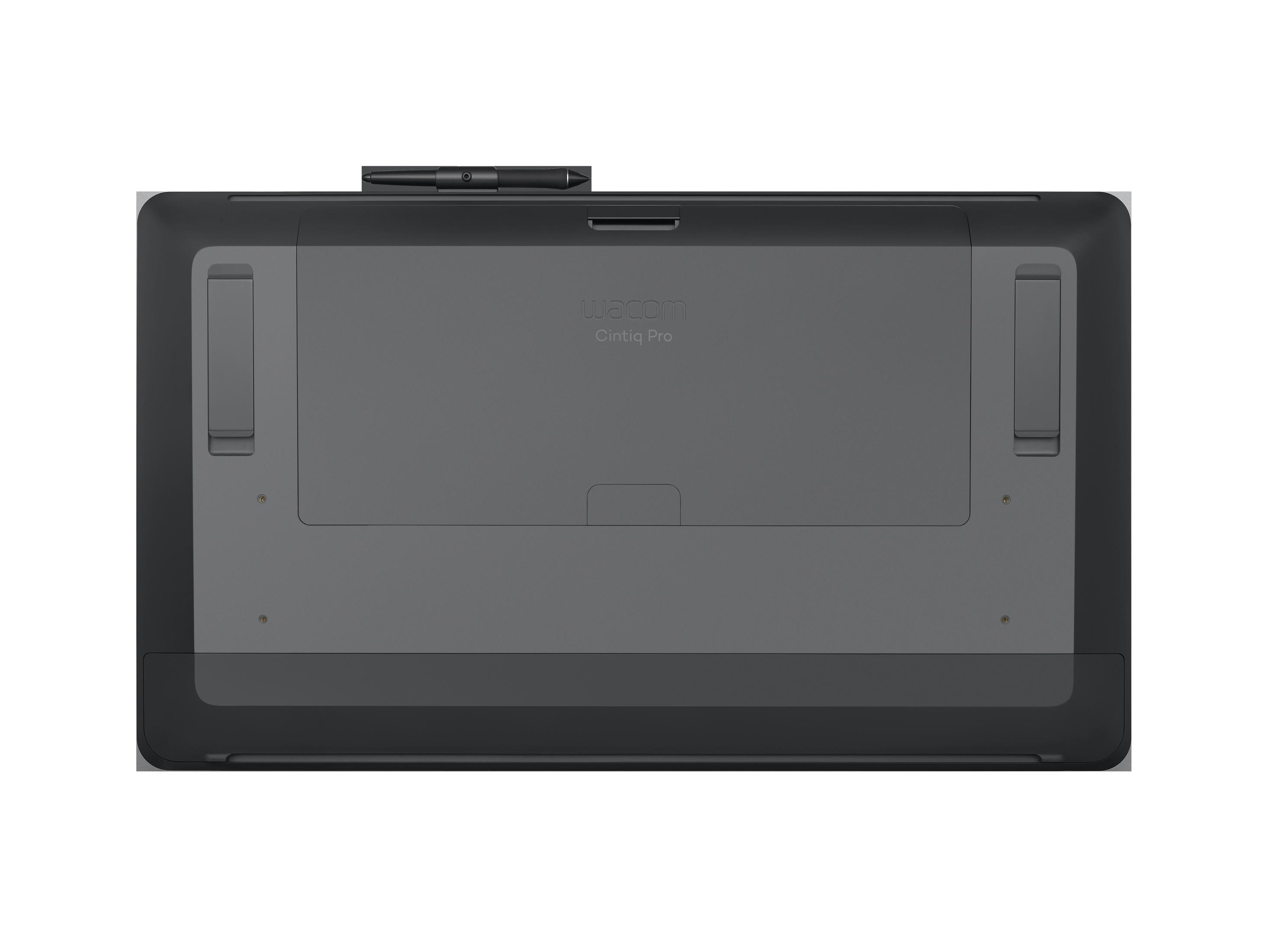 Czarny tablet graficzny Wacom Cintiq Pro, widok z tyłu, z piórem.