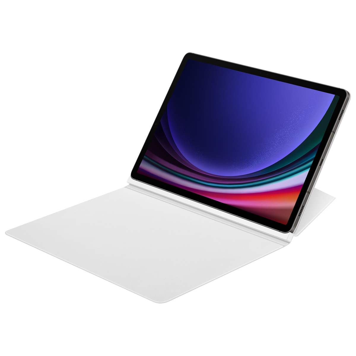 Laptop z białą obudową jest otwarty, wyświetlając kolorowy ekran na białym tle.