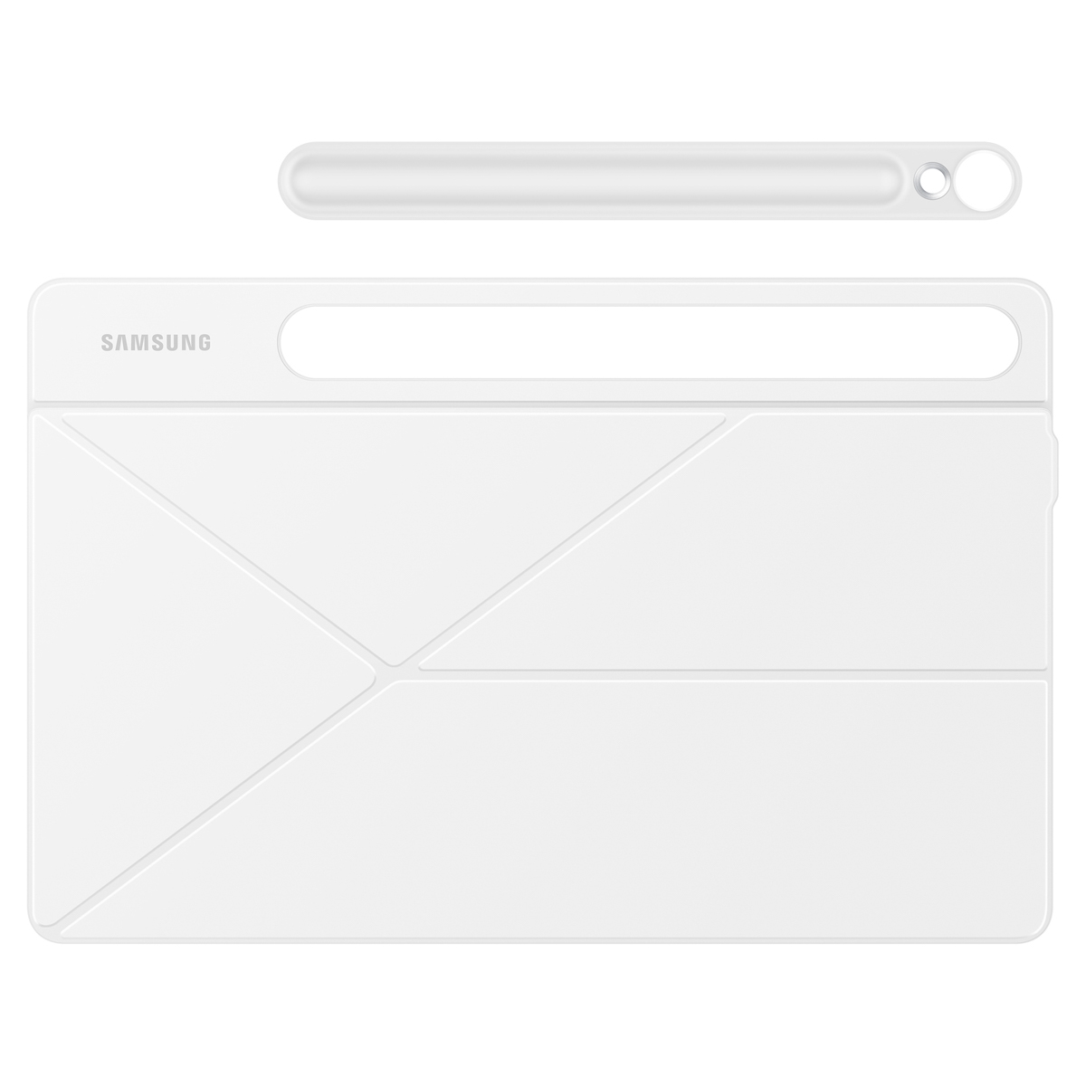 Biała osłona tabletu i rysik. Logo Samsung. Białe tło.