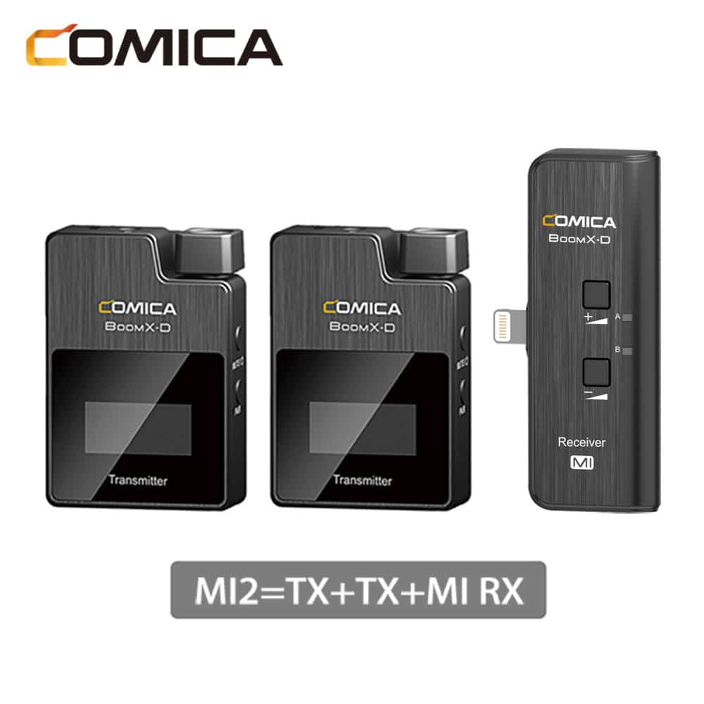 Drei schwarze COMICA BoomX-D Funkmikrofone, zwei Sender und ein Empfänger mit USB-C.