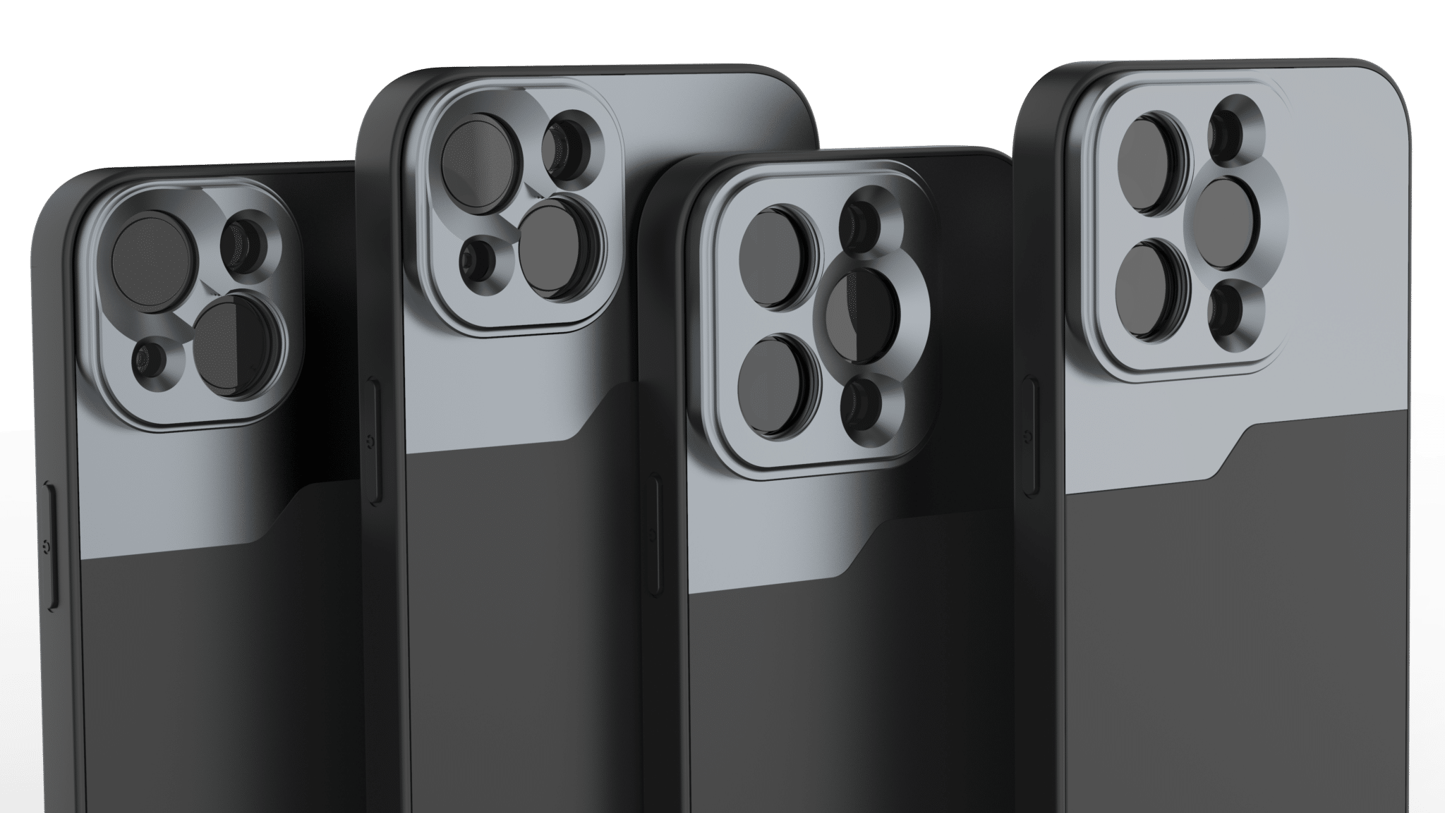 Four smartphones with black backs, silver camera modules. Green background.
