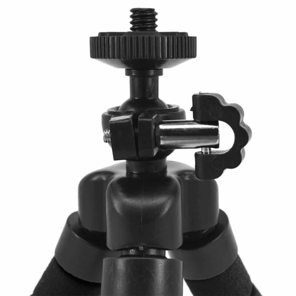 Close-up of a black tripod head with a screw mount. The head has adjustment knobs and three legs are visible.