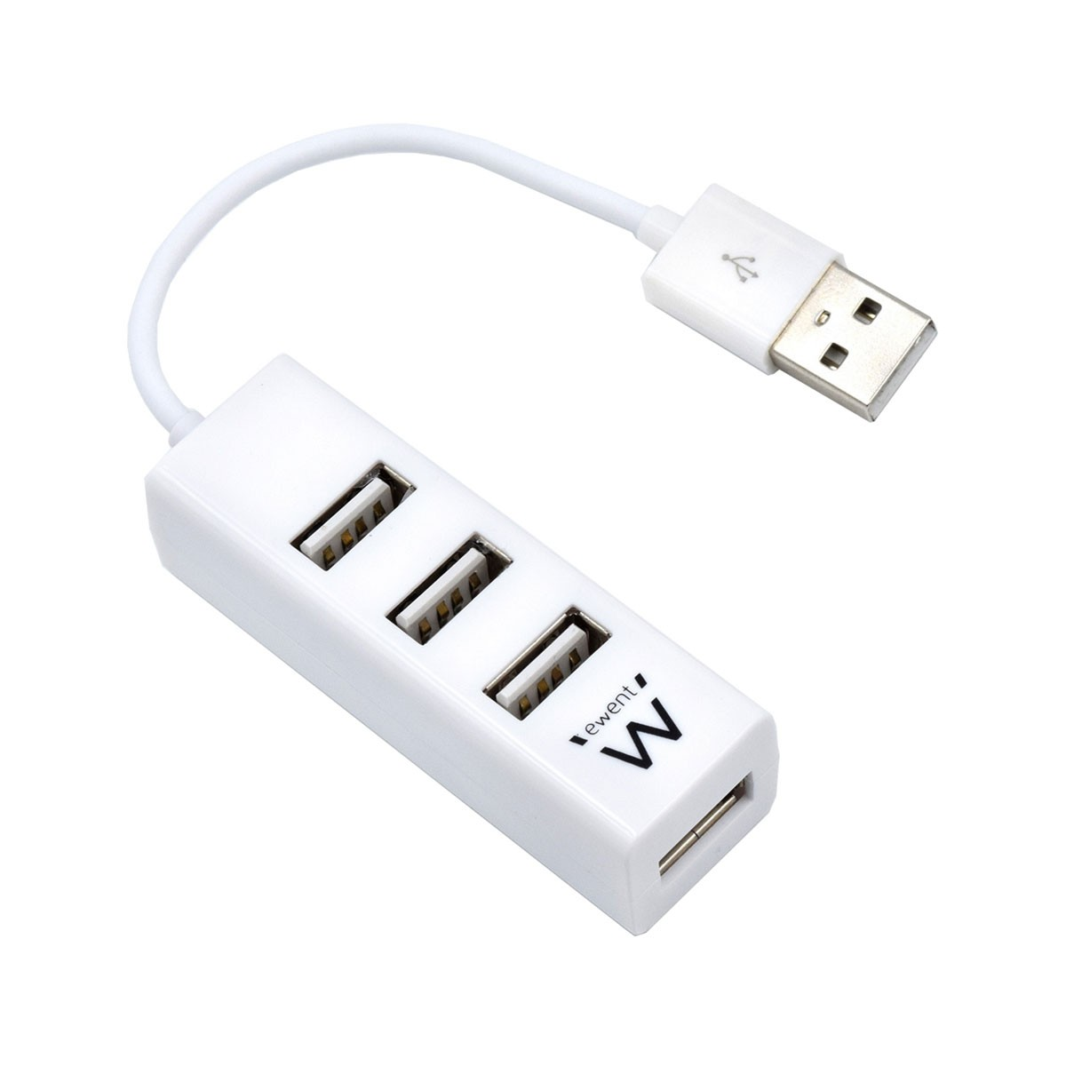 Un hub USB bianco con tre porte USB e una spina USB su sfondo bianco.
