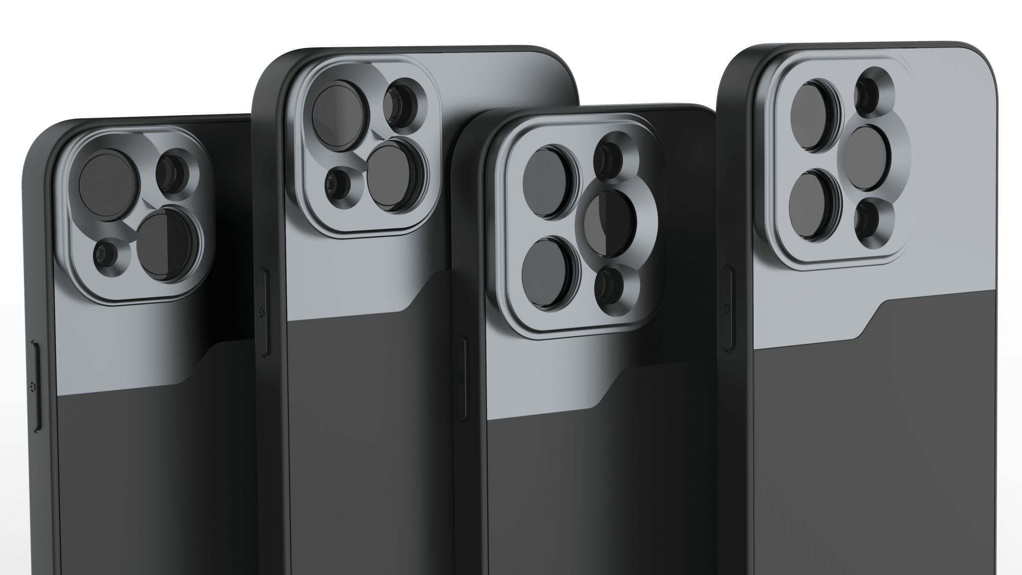 Four black phone cases with camera cutouts, showing the camera lens design.