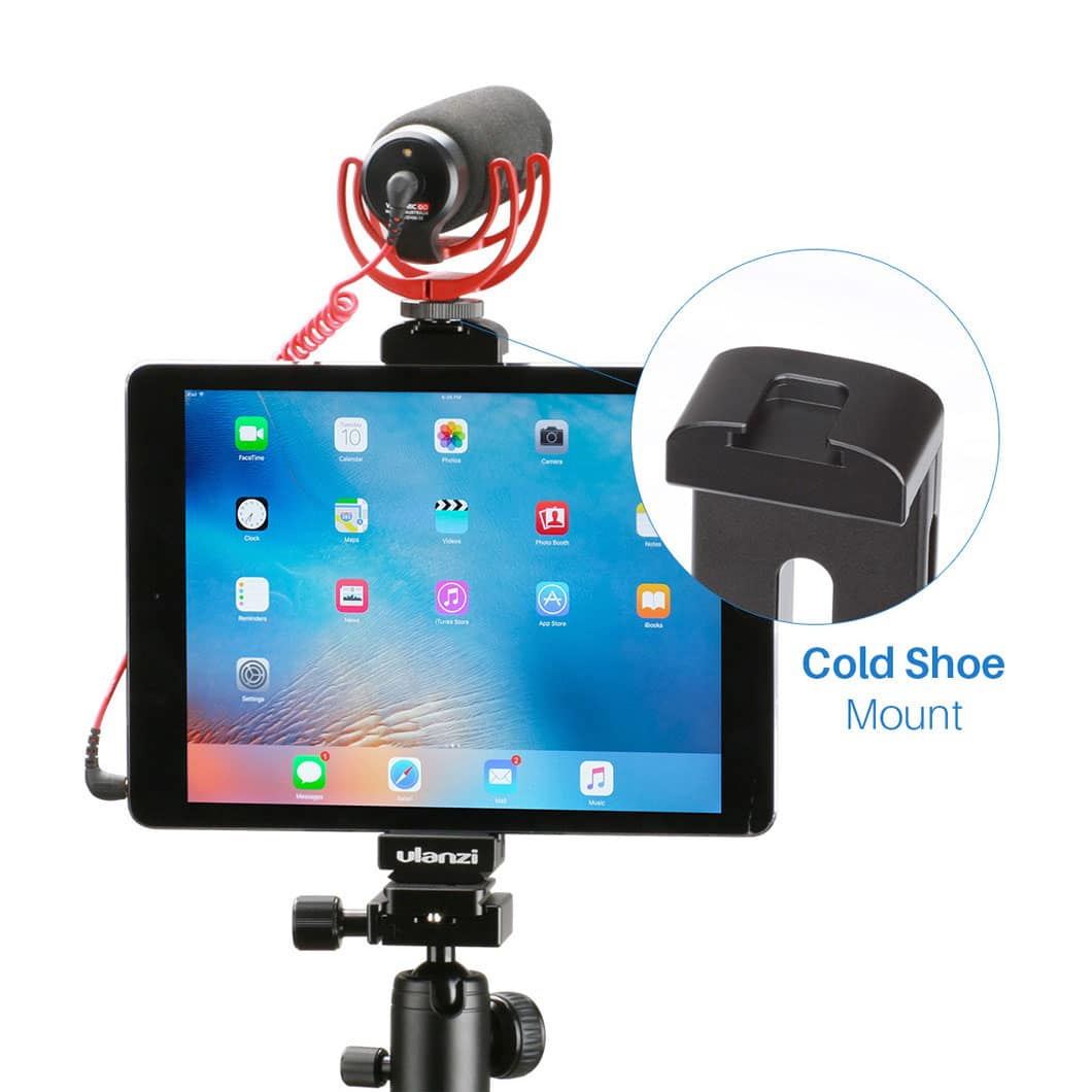 Tablette avec microphone et support. Un support de griffe est également montré.