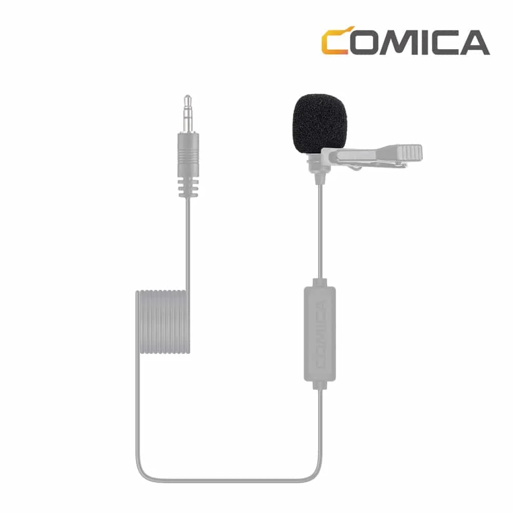 Een kleine microfoon met een schuimkap, verbonden met een kabel en een COMICA-interface.