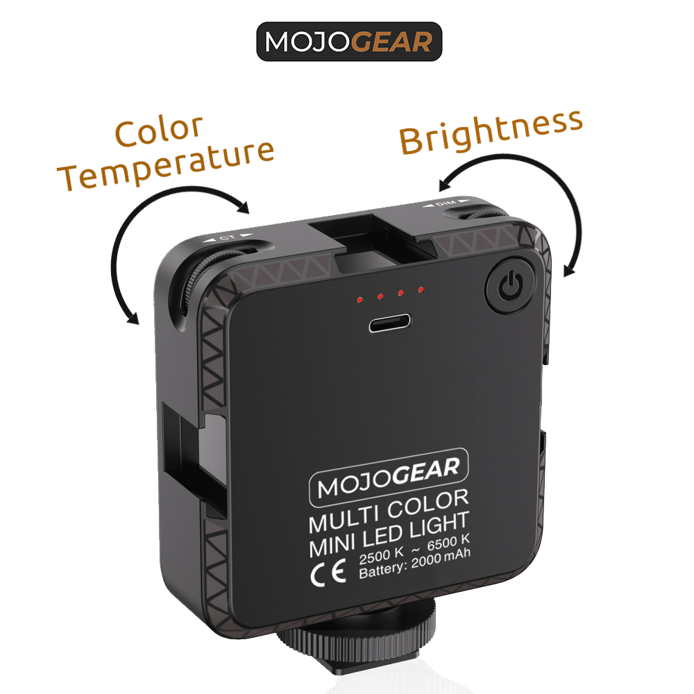 A black multi-color mini LED light with dials for color temperature and brightness.
