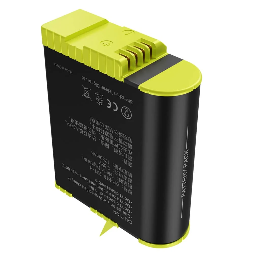 Bloc-batterie noir et vert. Dessus jaune, corps noir avec texte et consignes de sécurité.