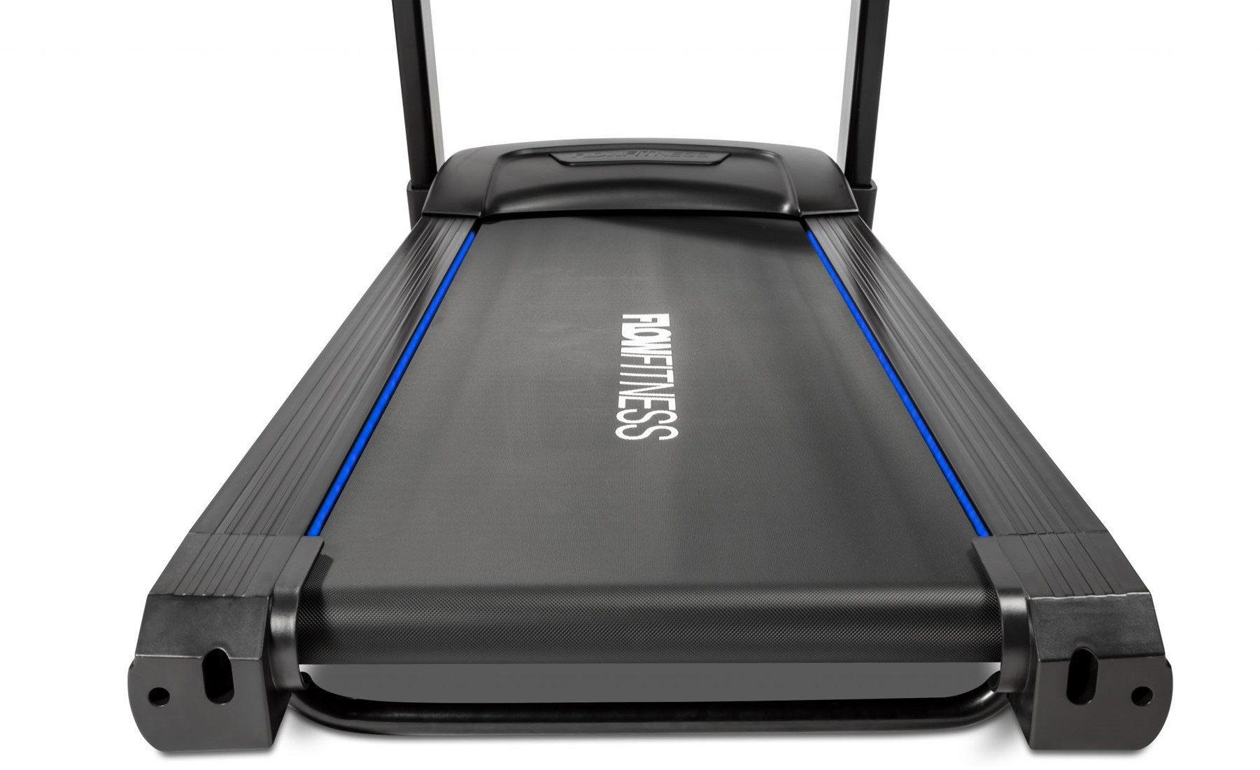 Schwarzes Laufband mit blauen Akzenten. Auf dem Laufband steht FLOW FITNESS.