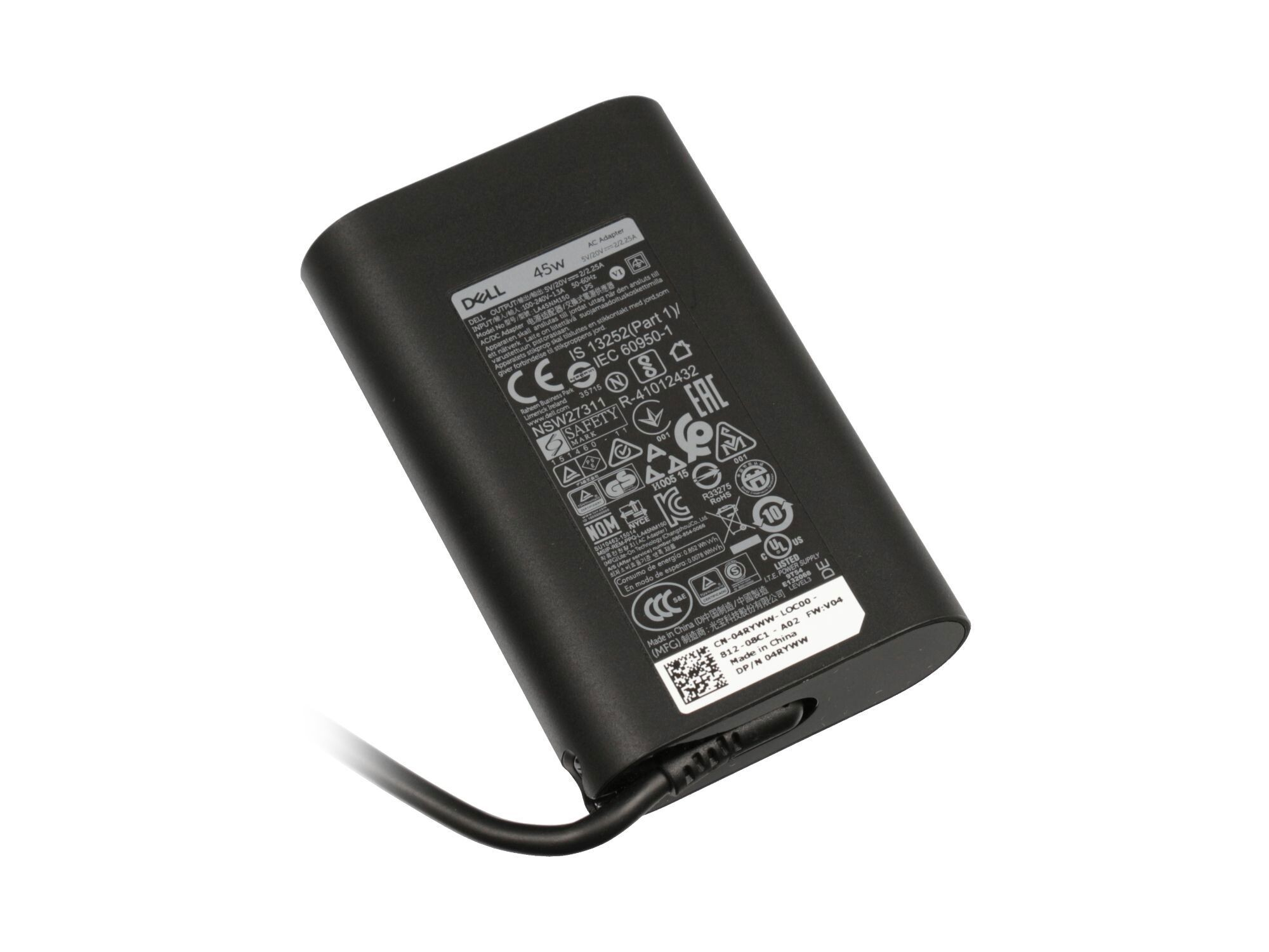 Schwarzes Dell 45W Laptop-Ladegerät. Hat verschiedene Etiketten und ein Netzkabel.