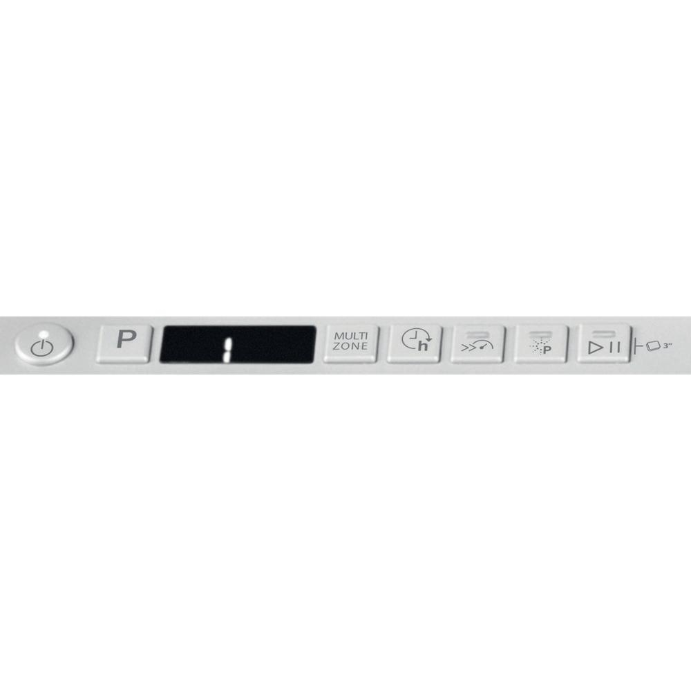 Primer plano de un panel de control de lavavajillas con varios botones y una pantalla digital.