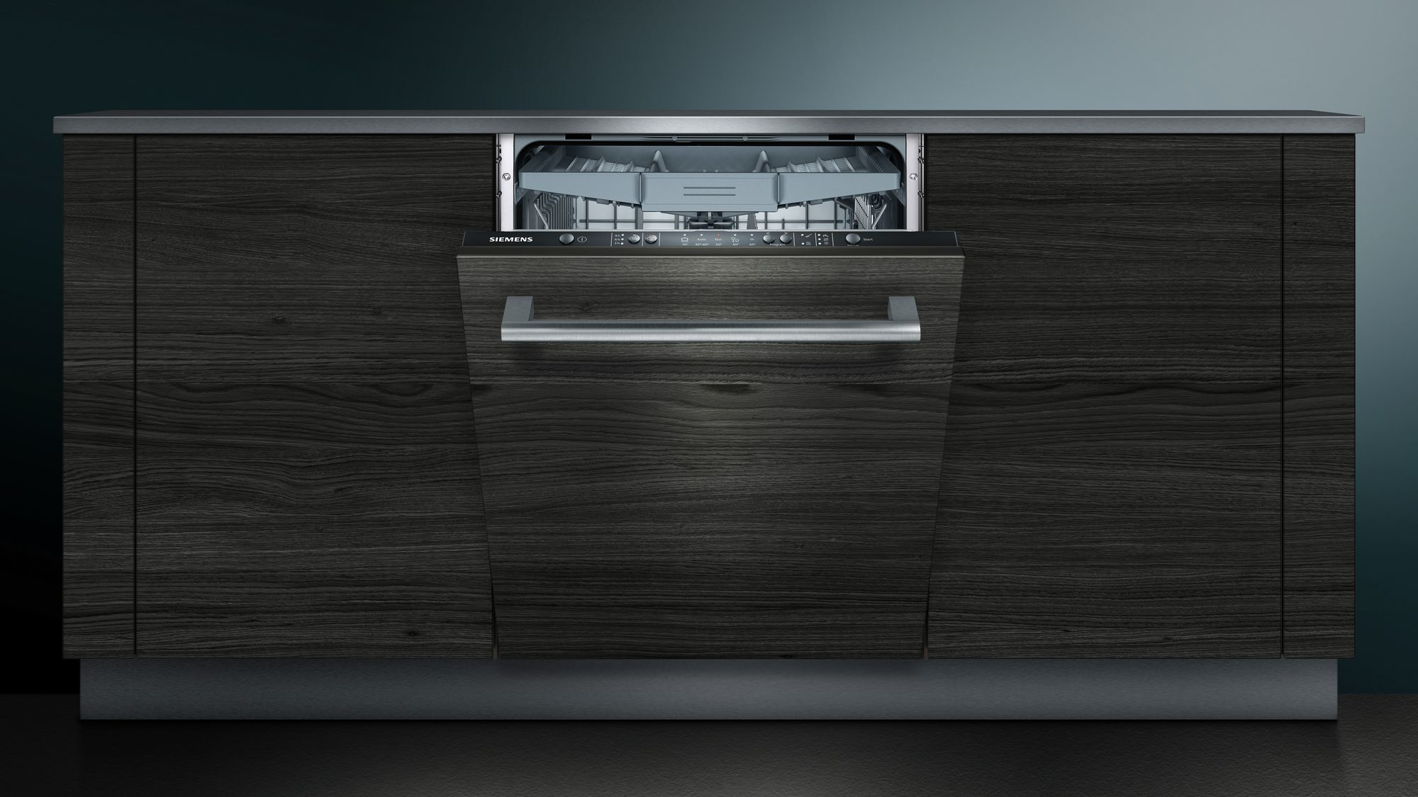 Dishwasher with wood grain door. The door is slightly open.