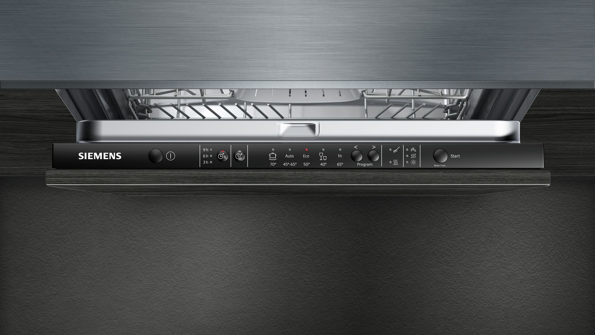 Dishwasher control panel with buttons and a display, under a stainless steel top.