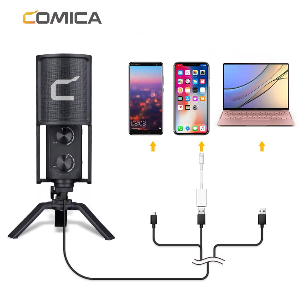 Een microfoonopstelling aangesloten op een telefoon, tablet en laptop met USB-kabels.