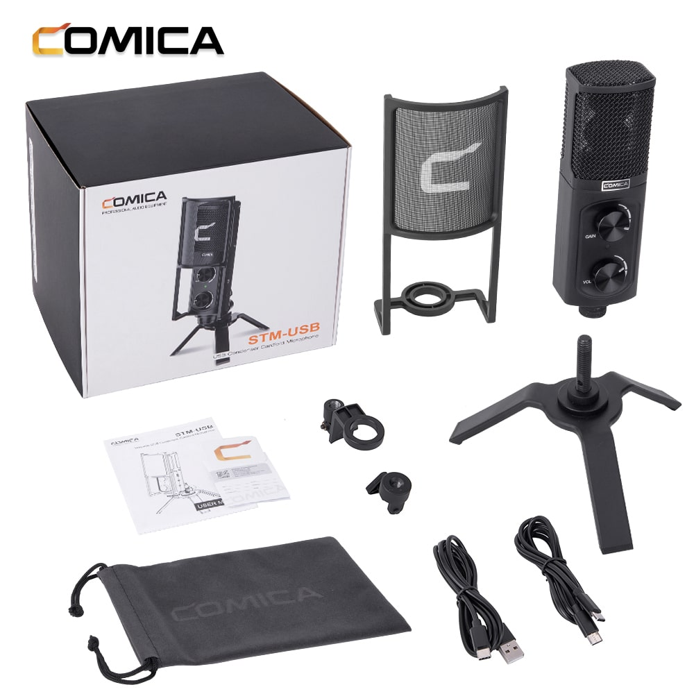 Een Comica STM-USB microfoonkit bevat een microfoon, standaard, popfilter en kabels.