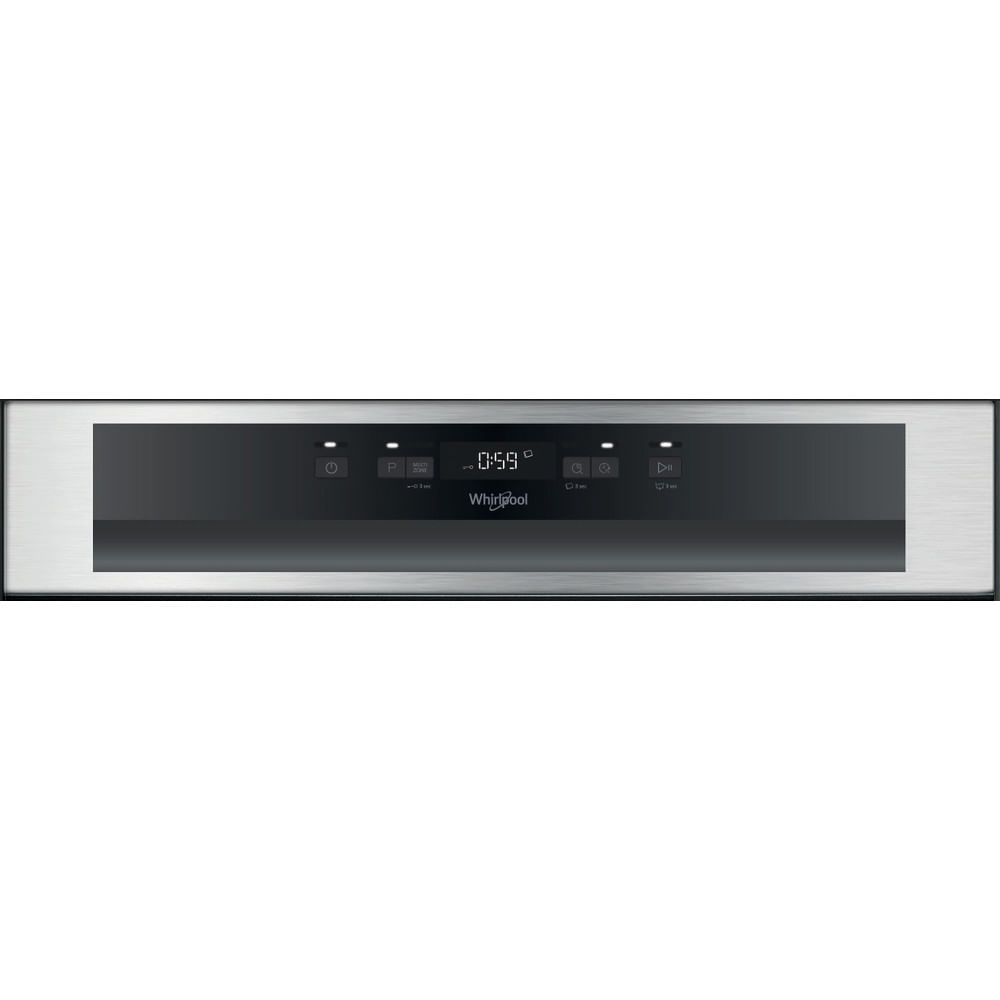 Primer plano del panel de control de un lavavajillas con pantalla digital y varios botones.