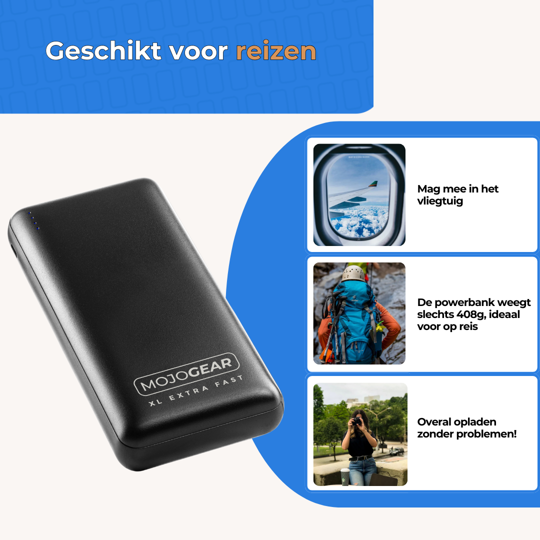 Een zwarte powerbank met de tekst MOJOGEAR. Het staat naast foto's van een vliegtuig, een wandelaar en een vrouw.