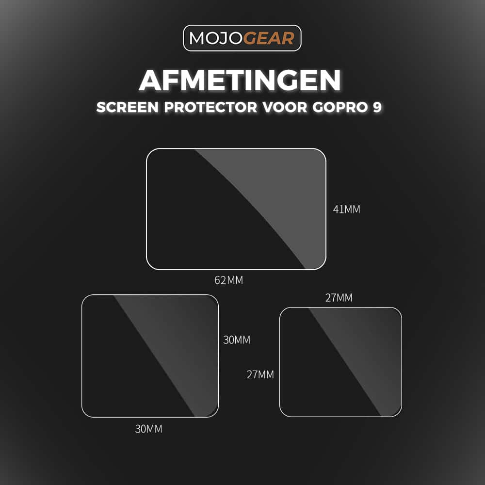 Schermbeschermers voor GoPro 9, met afmetingen.
