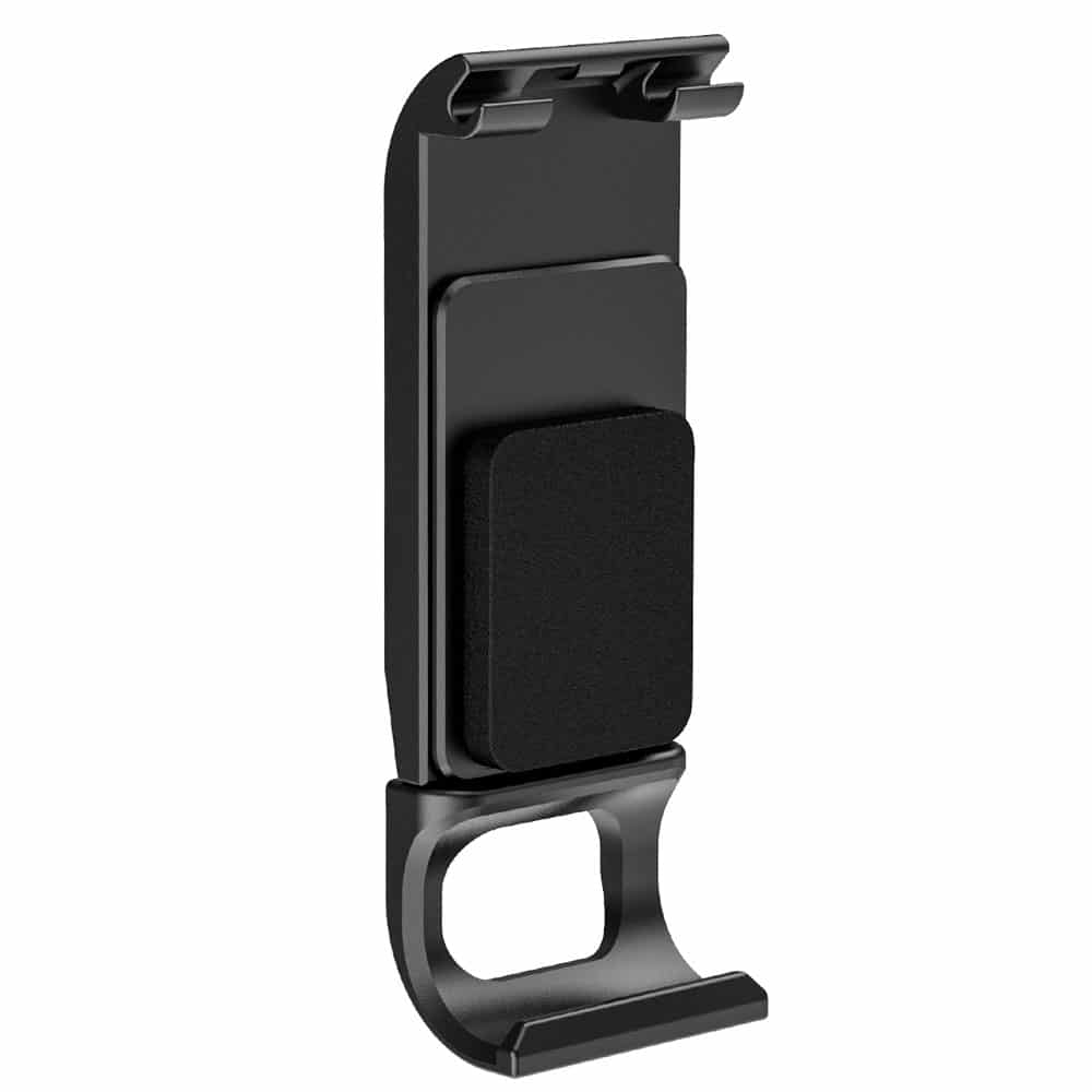 Zwarte telefoon/tablethouder. Het heeft een rechthoekig kussen en een gebogen basis voor stabiliteit.