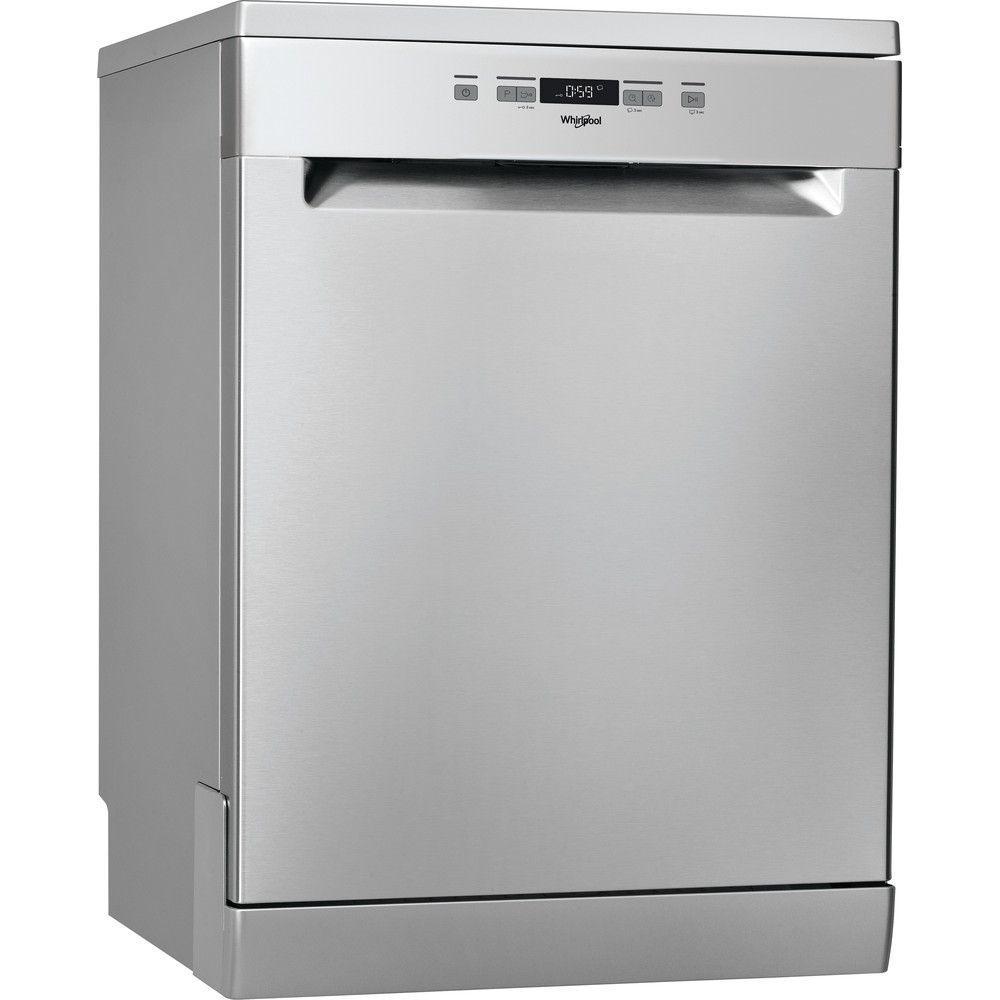 Silberner Whirlpool Geschirrspüler. Frontplatte mit Bedienelementen und Tür mit Griff.