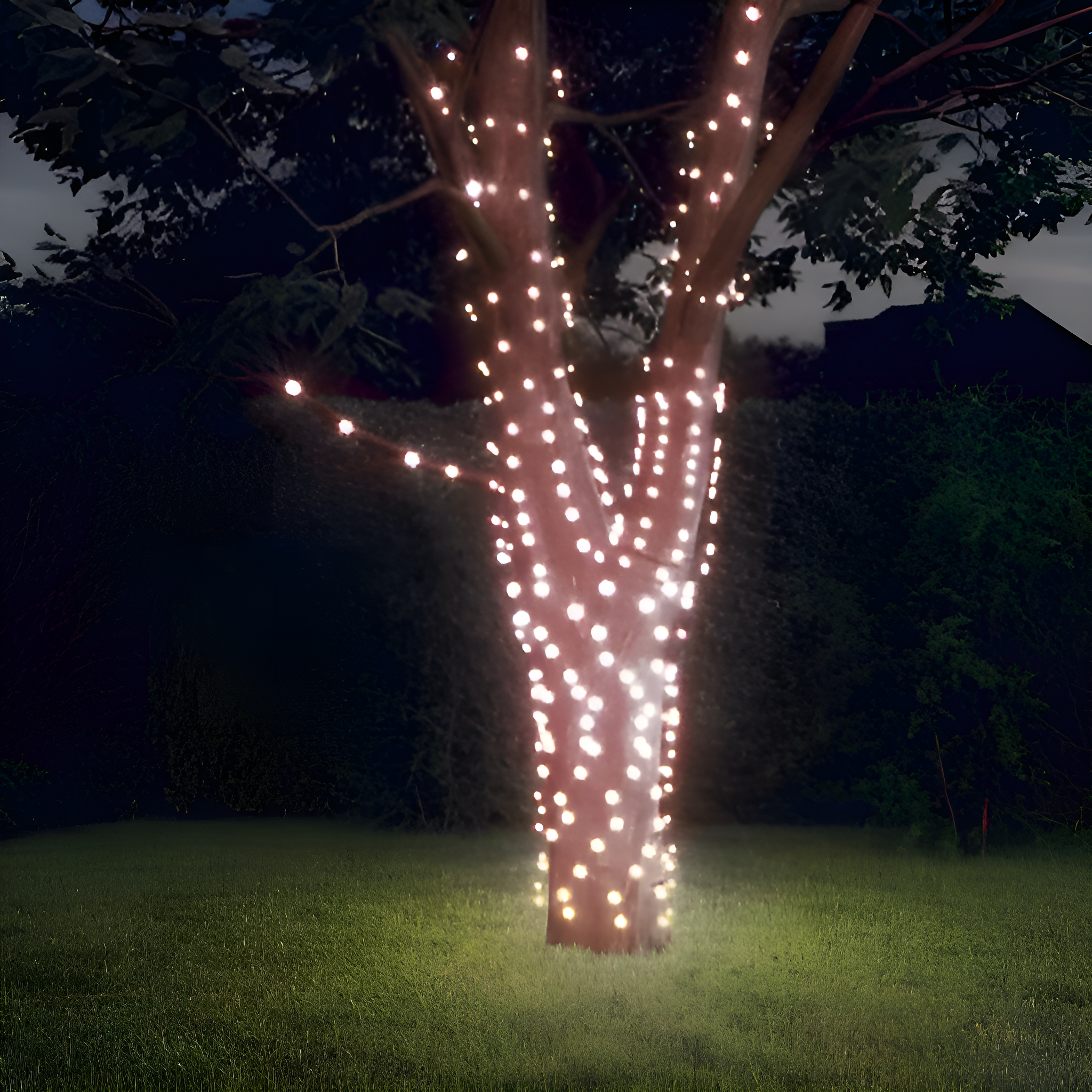 Ein Baum, der mit weißen Lichtern umwickelt ist, beleuchtet den Stamm und die Äste bei Nacht.