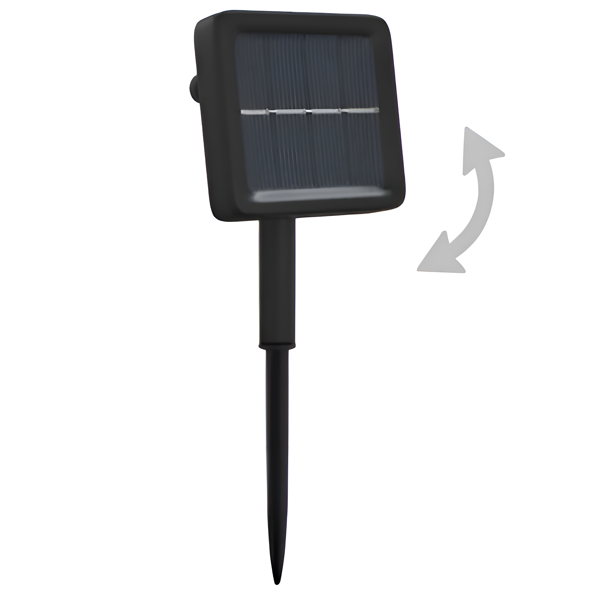 Schwarzes Solarpanel mit Spitze. Graue Pfeile zeigen den einstellbaren Winkel auf weißem Hintergrund.