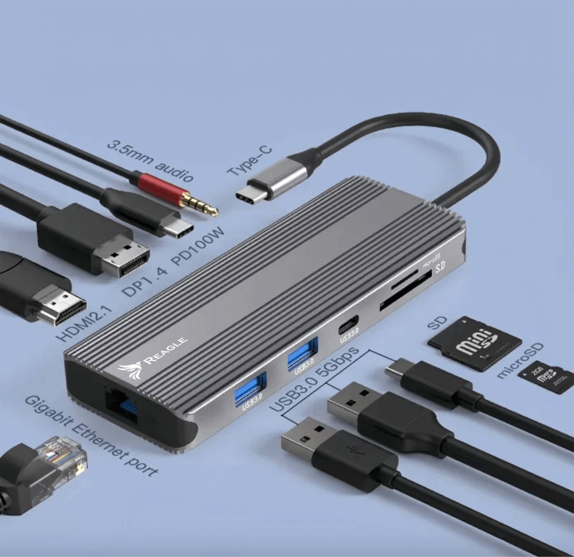 Srebrny hub z wieloma kablami, kartami SD i portami USB. Niebieskie tło.