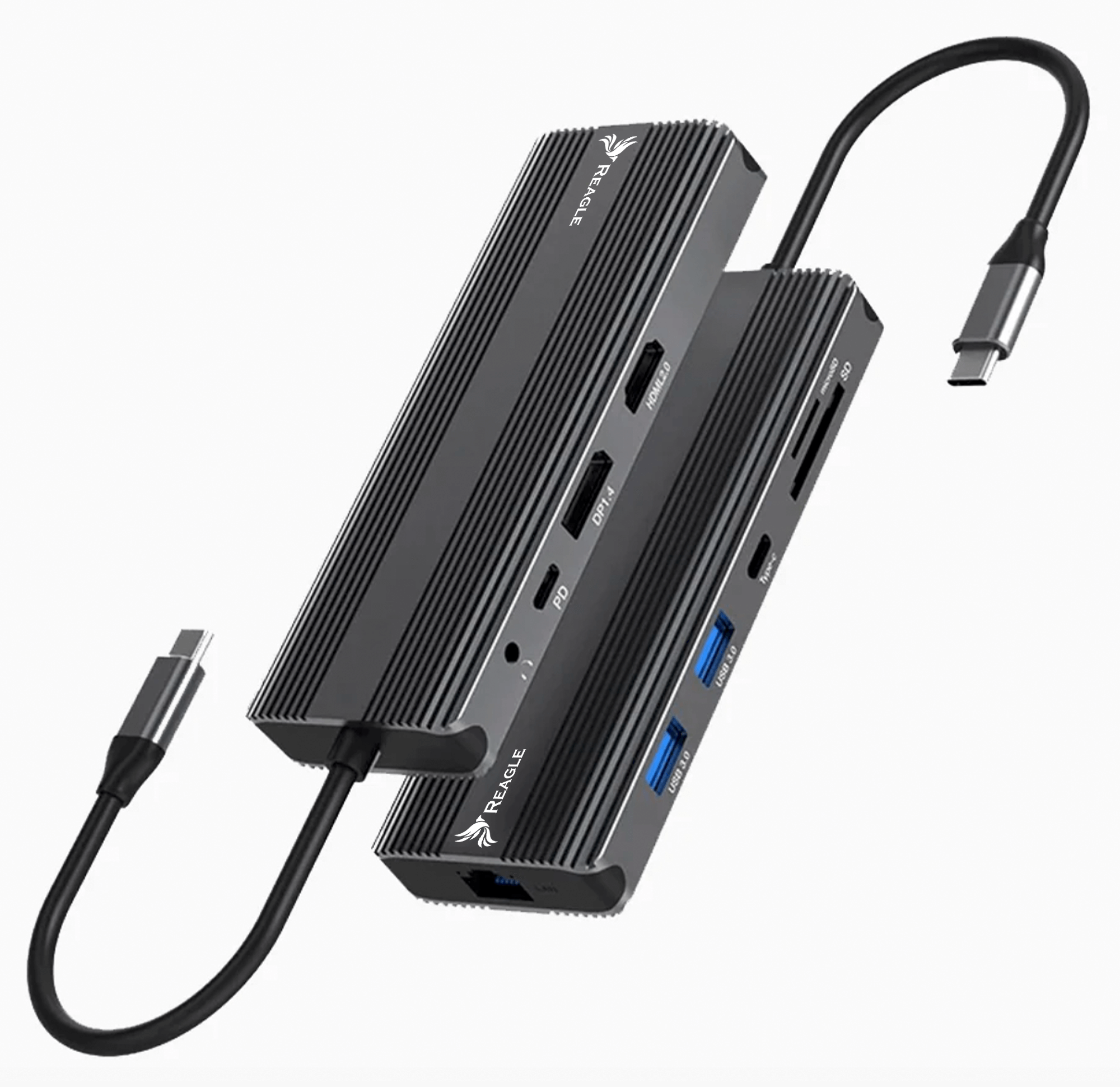 Srebrno-czarny hub USB-C z wieloma portami i podłączonym kablem.