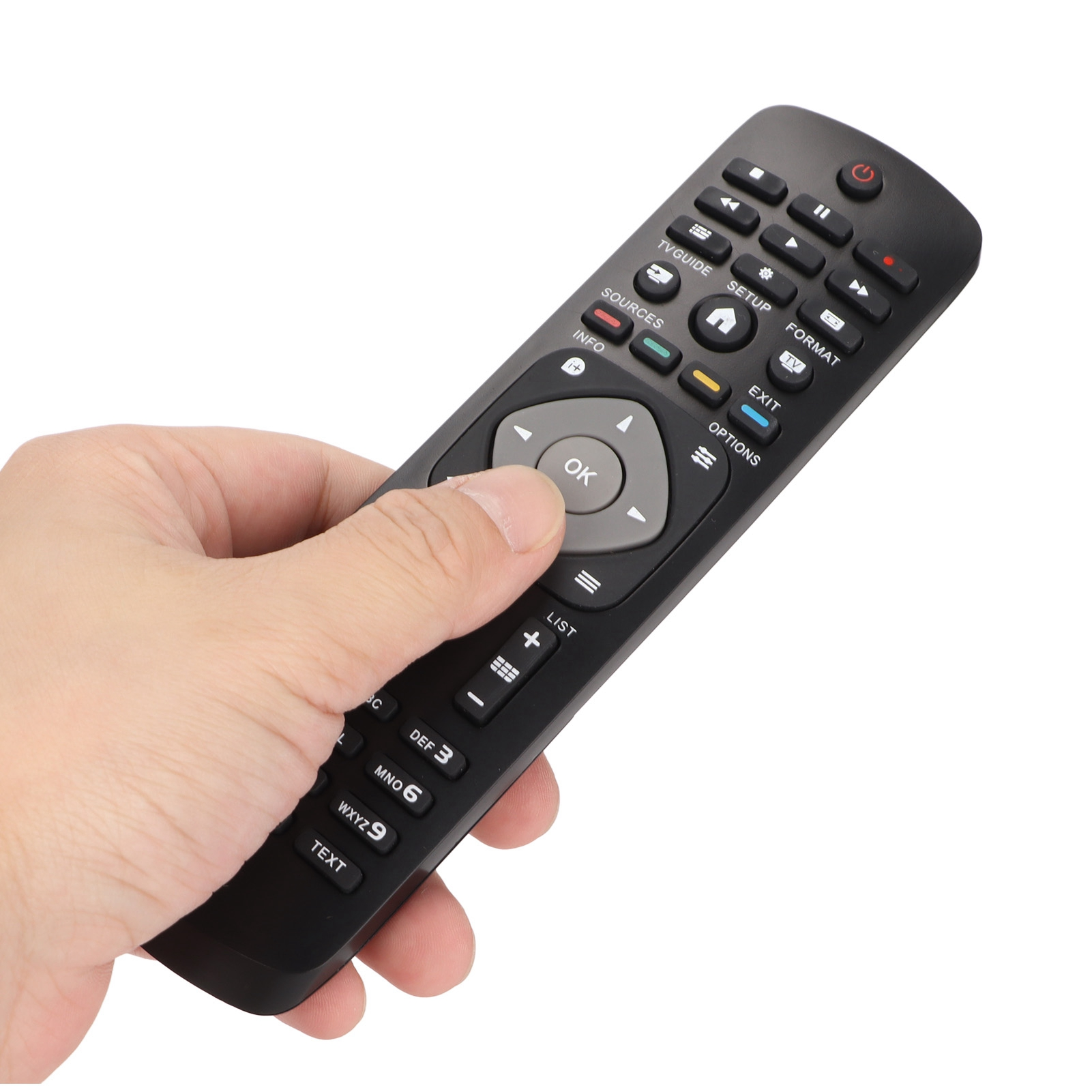 Eine Hand, die eine schwarze TV-Fernbedienung hält.