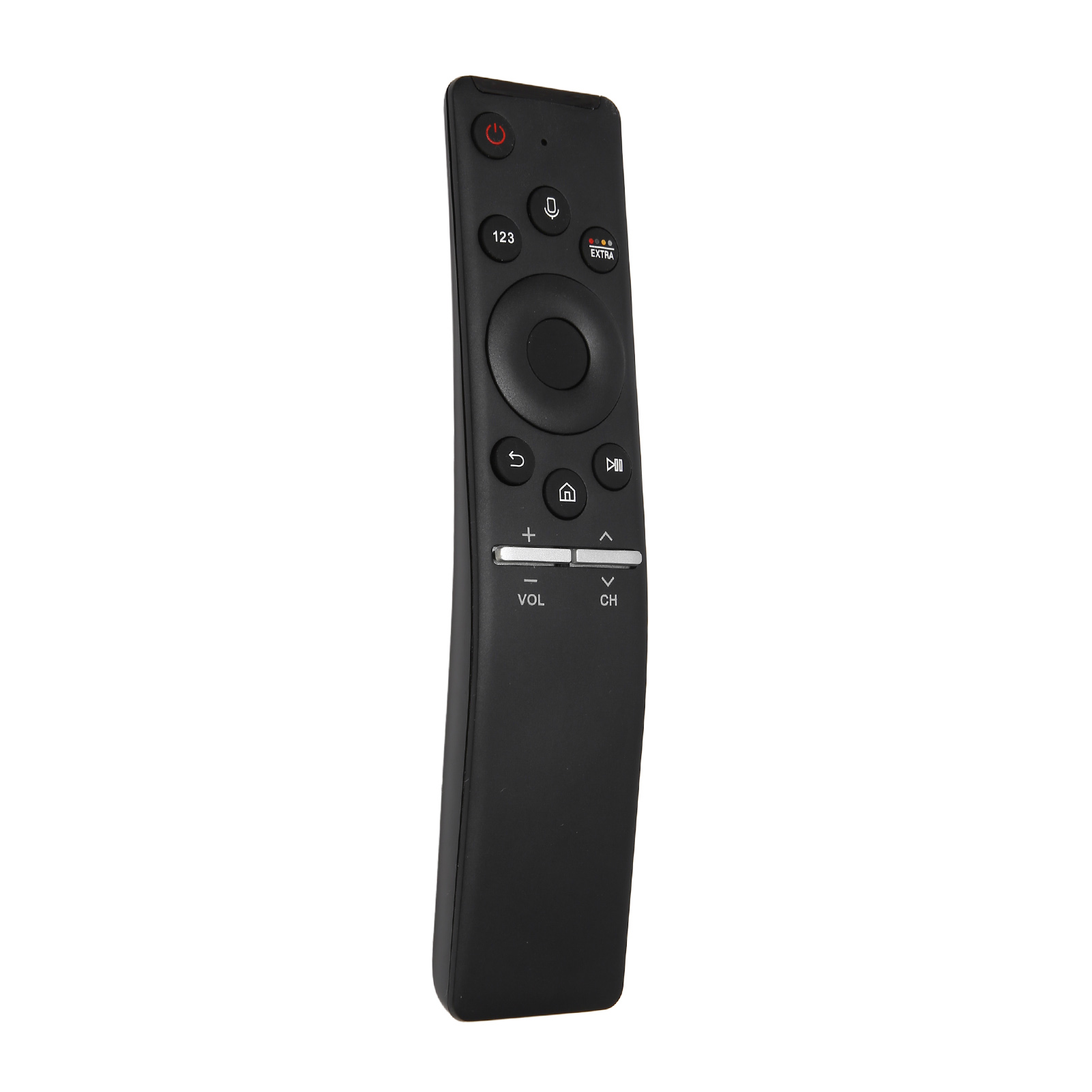 Eine schwarze TV-Fernbedienung mit mehreren Tasten. Sie ist länglich und verjüngt sich.