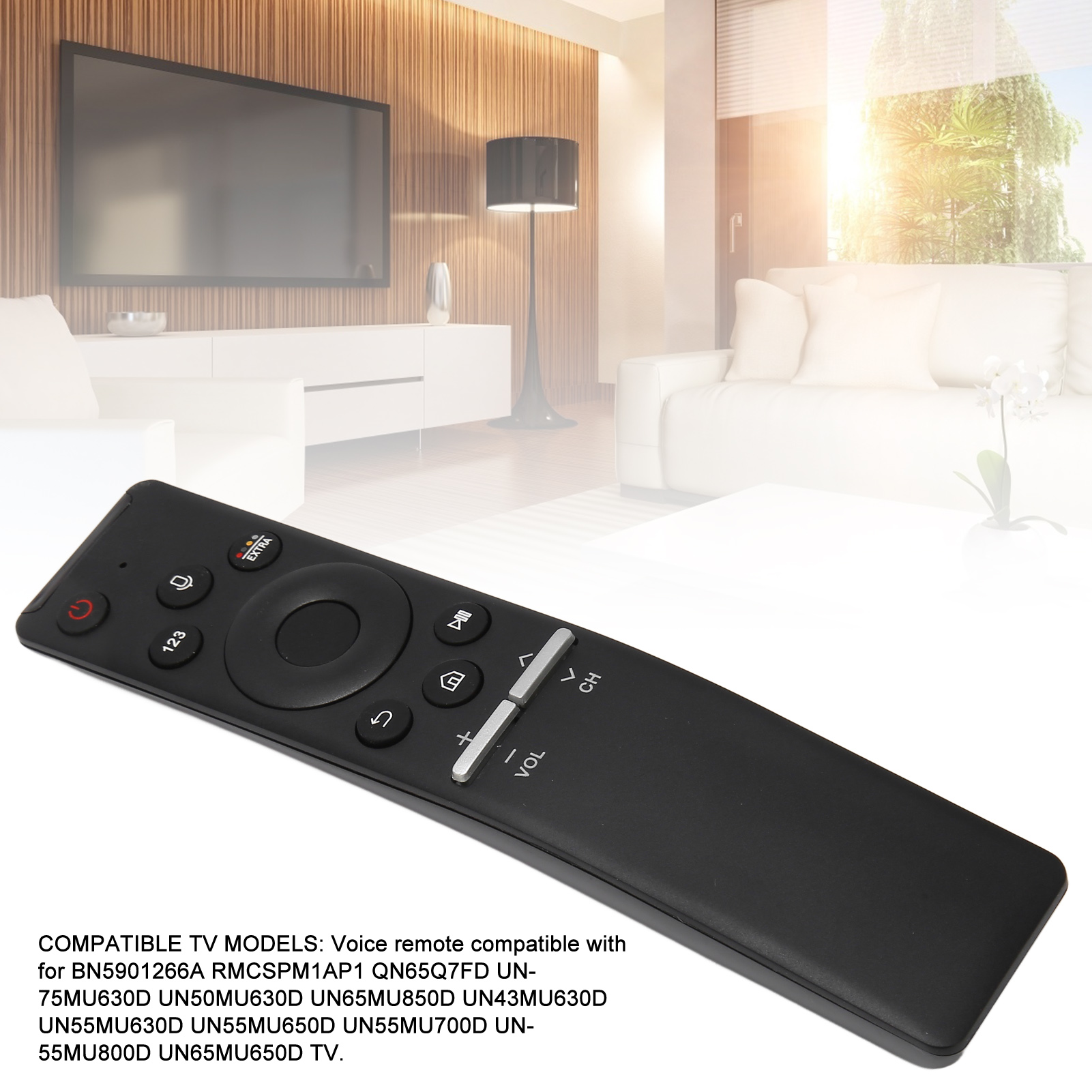Schwarze TV-Fernbedienung mit Tasten. Sie ist mit mehreren TV-Modellen kompatibel.