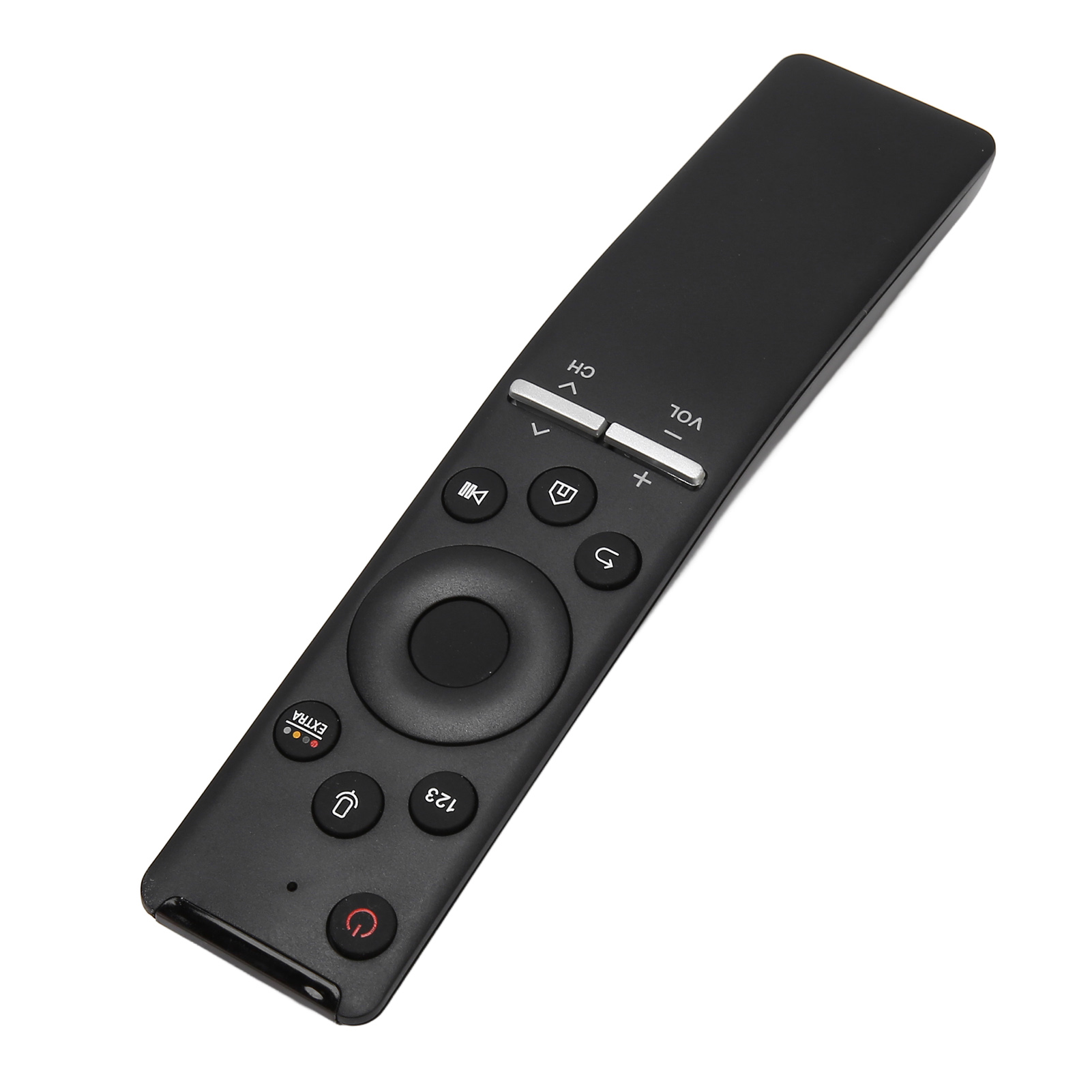 Schwarze TV-Fernbedienung mit mehreren Tasten. Strom-, Lautstärke-, Kanal- und Navigationselemente sind sichtbar.