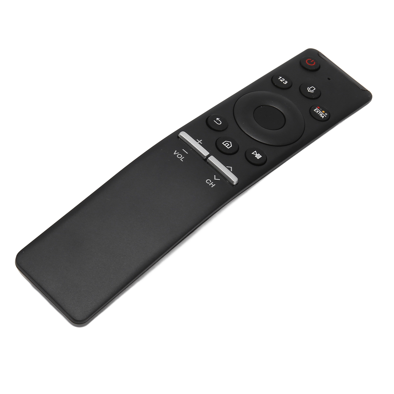 Schwarze TV-Fernbedienung mit Knöpfen. Strom-, Lautstärke-, Kanal- und Einstellungstasten sichtbar. Weißer Hintergrund.