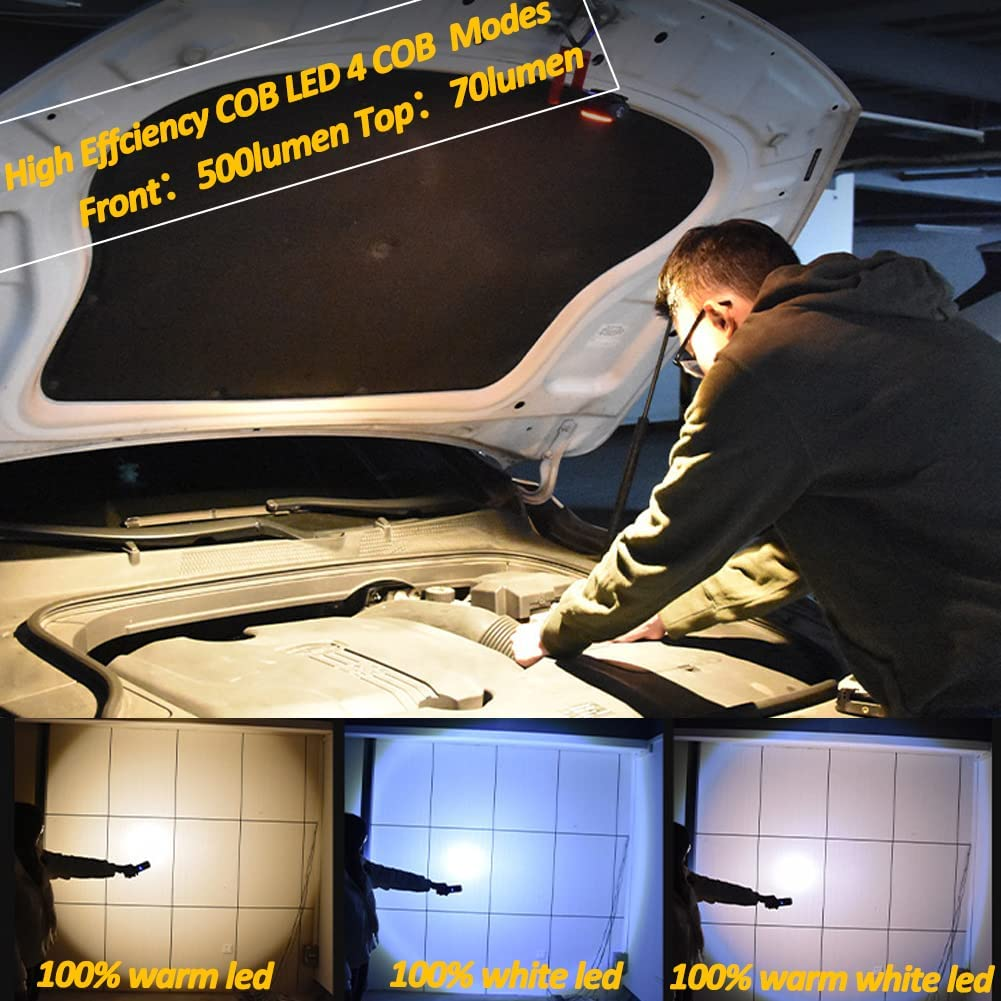 Mann arbeitet am Automotor mit LED-Licht. Lichtausgabe in 3 Beispielen: warm, weiß und warmweiß.
