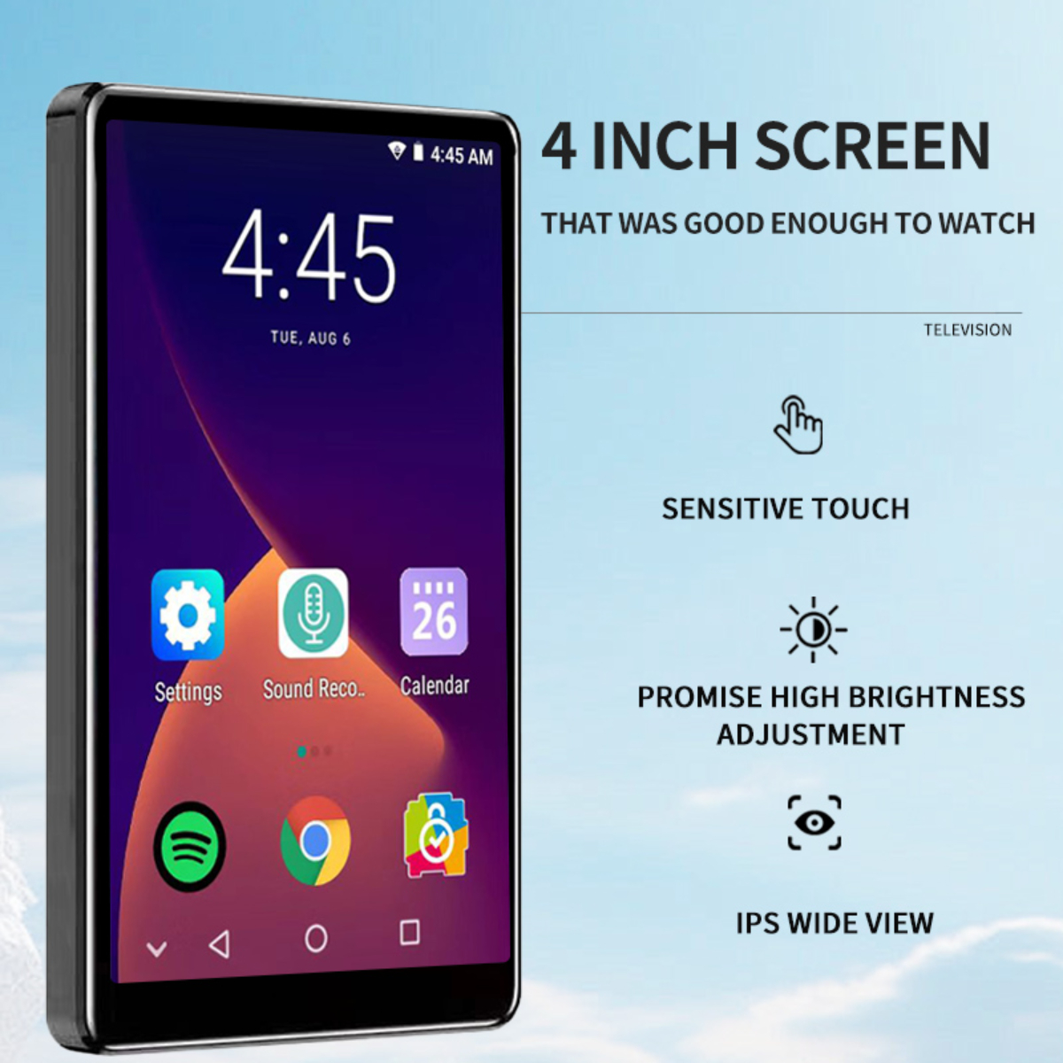 Smartphone mit 4-Zoll-Bildschirm, zeigt Symbole. Funktionen werden mit Text hervorgehoben.