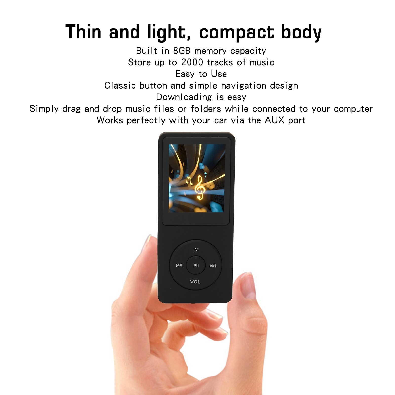 Ein schwarzer MP3-Player wird in einer Hand gehalten, mit Bildschirm, Noten und Knöpfen.