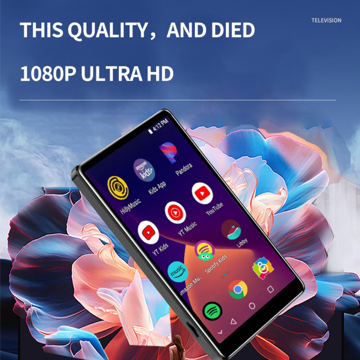 Ein schwarzes Smartphone zeigt App-Symbole auf einem floralen Hintergrund. Der Text lautet 1080P Ultra HD und TV.