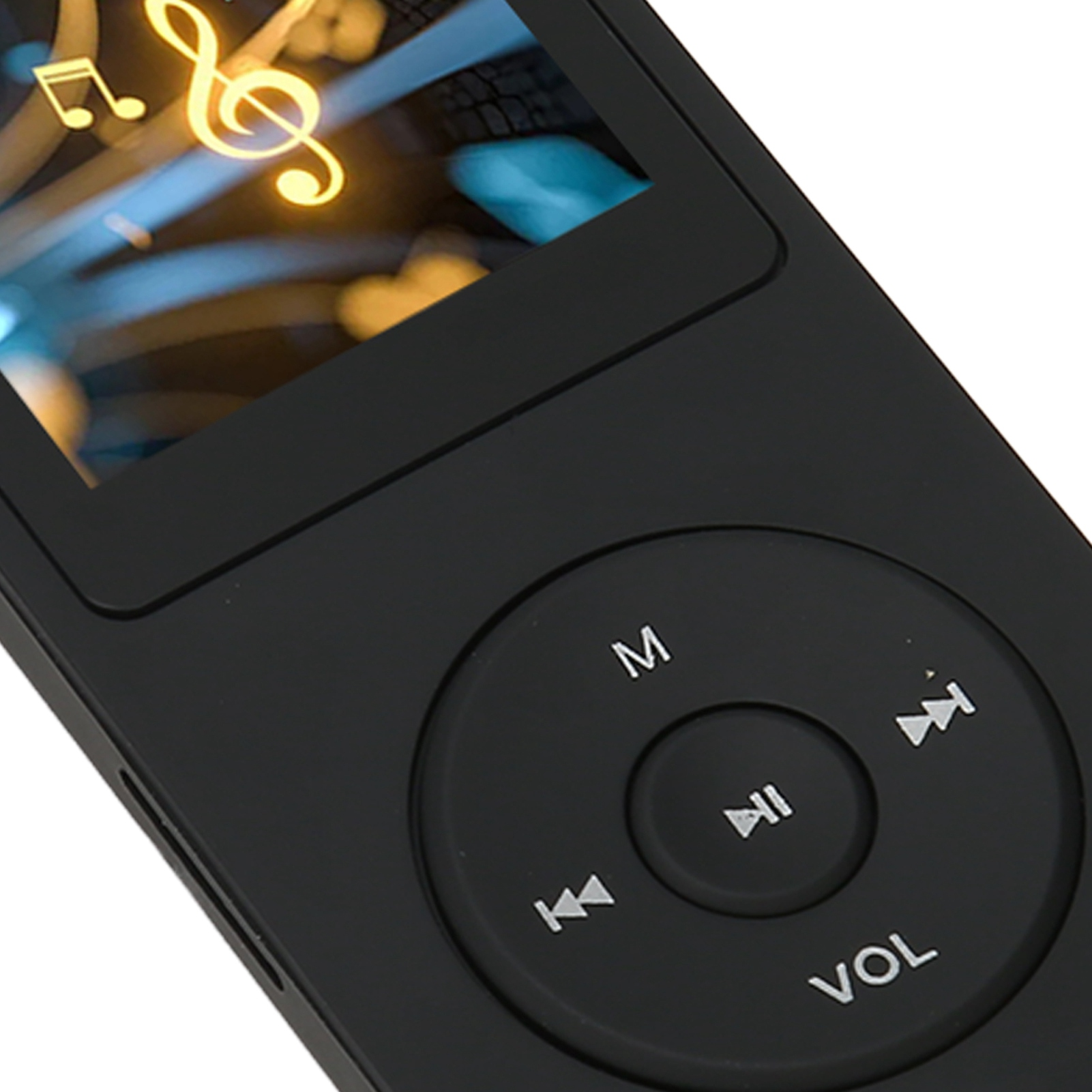 Ein schwarzer MP3-Player mit einem kreisförmigen Bedienfeld und einem kleinen Bildschirm. Knöpfe sind mit Symbolen beschriftet.