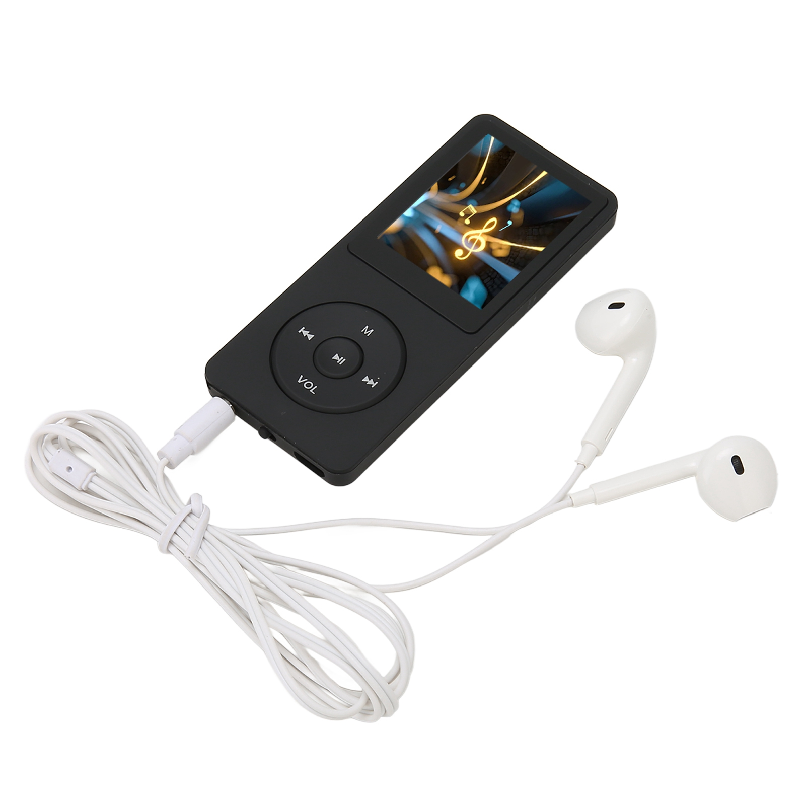 Schwarzer MP3-Player mit Display, weiße Kopfhörer und Kabel. Der Bildschirm zeigt Noten.