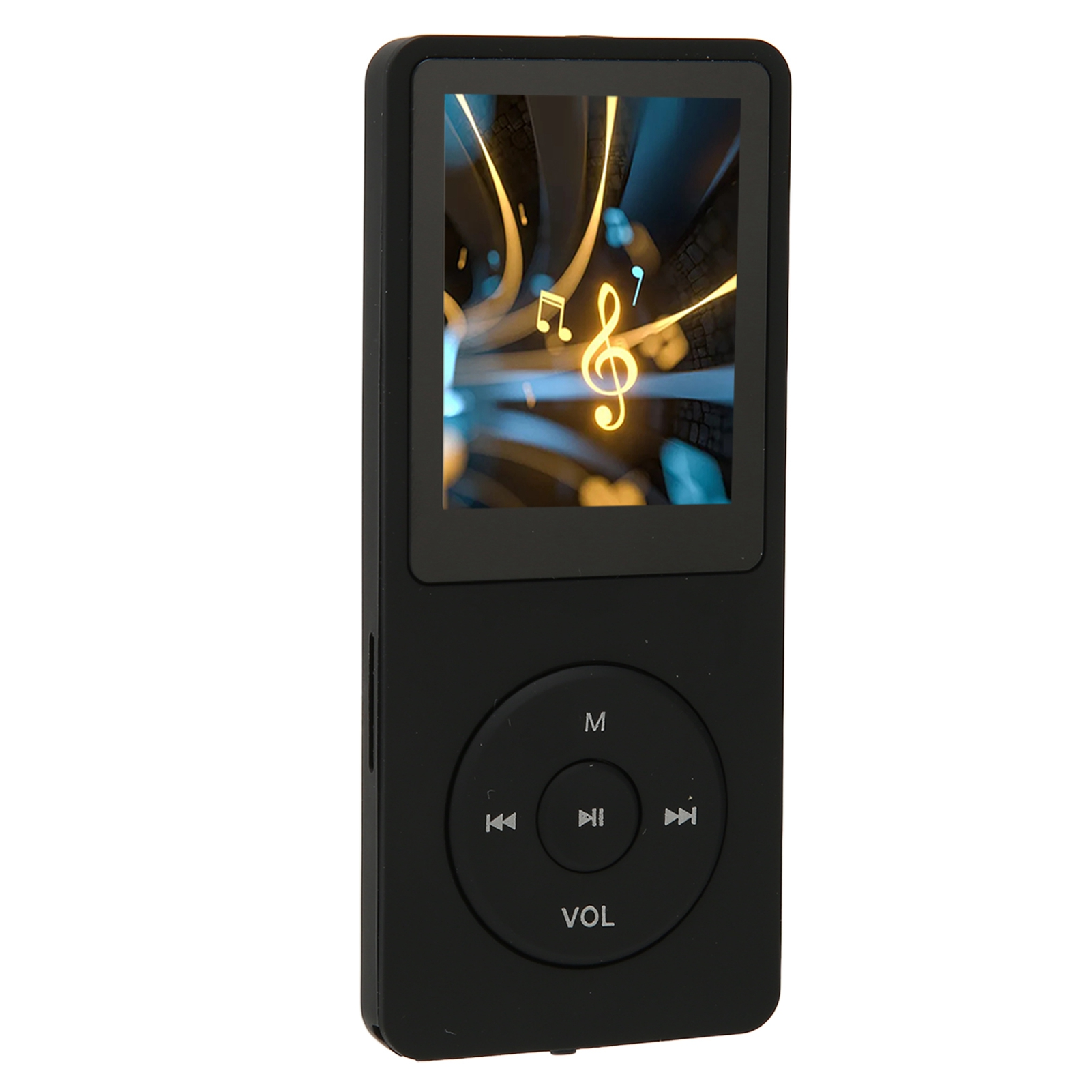 Schwarzer MP3-Player mit einem Bildschirm, der Musiknoten anzeigt. Tasten für Wiedergabe und Lautstärke.